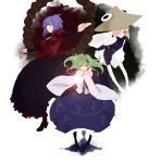 blonde_hair blue_eyes blue_hair blush breasts energy_ball frog green_eyes green_hair hair_ornament hat highres kirisato_itsuki kochiya_sanae long_hair long_skirt moriya_suwako multiple_girls purple_hair red_eyes shimenawa short_hair skirt snake thigh-highs thighhighs touhou white_legwear yasaka_kanako