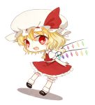  1girl ascot blonde_hair blush chibi fang flandre_scarlet hat honotai looking_at_viewer open_mouth red_eyes short_hair side_ponytail smile solo touhou white_background wings 