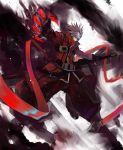  belt black_gloves blazblue claws coat devoured_by_darkness gloves gond male multicolored_hair pants ragna_the_bloodedge red_eyes red_hair redhead silver_hair smoke solo spiked_hair spiky_hair sword weapon 