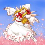  :d ^_^ blonde_hair bow capelet closed_eyes dress eyes_closed fairy hair_bow happy hat lily_white long_hair open_mouth outstretched_arms sash smile solo spread_arms supon touhou wings 