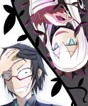  black_hair blue_eyes crazy_eyes glasses grin ijima_ryouta kd mistelteinn smile symbol-shaped_pupils upside-down white_hair yumekui_merry 