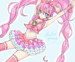  1girl armpits arms_up blue_eyes copyright_name cure_melody houjou_hibiki long_hair midriff mironomeo pink_hair precure smile solo suite_precure thighhighs twintails 
