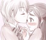  2girls blathvean blush bust closed_eyes couple face forehead_kiss futari_wa_precure kiss long_hair misumi_nagisa monochrome multiple_girls precure profile school_uniform short_hair yukishiro_honoka yuri 