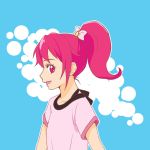  1girl :d aida_mana alternate_hairstyle blue_background bust dokidoki!_precure hair_up open_mouth pink_eyes pink_hair ponytail precure profile smile solo suzu_(campanilla17) 