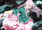 1girl bow expressionless face_mask fan hata_no_kokoro long_hair long_sleeves looking_at_viewer mask outstretched_arms pink_eyes pink_hair shirt skirt solo touhou very_long_hair white-aster wide_sleeves wind