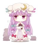  1girl blush book bow chibi crescent hat honotai long_hair patchouli_knowledge purple_hair solo touhou violet_eyes white_background 