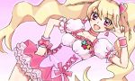  :d blonde_hair cure_peach dutch_angle fresh_precure! hand_on_hip long_hair mironomeo momozono_love open_mouth pink_background pink_eyes precure simple_background smile twintails two-finger_salute v 