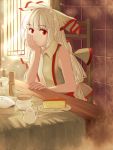  1girl bare_arms cheesecake fujiwara_no_mokou hair_ribbon hand_on_own_face hand_rest head_rest jar light_particles long_hair looking_at_viewer miyo_(ranthath) open_window plate ponytail red_eyes ribbon sitting sleeveless sleeveless_shirt solo sunbeam sunlight table tablecloth tile_wall tiles touhou white_hair 