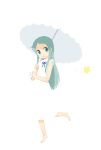  barefoot blue_eyes blue_hair blush dress flower honma_meiko leg_up long_hair nagian sleeveless smile solo sundress umbrella 