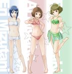  arm_grab arms_behind_back bandeau barefoot bikini crossdressinging front-tie_top hand_on_hip hidaka_ai highres hips idolmaster idolmaster_dearly_stars leg_up mizutani_eri open_mouth otsuaki outstretched_arm outstretched_hand sarong short_hair smile swimsuit trap tubetop 