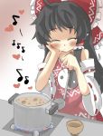  1girl ^_^ apron bare_shoulders black_hair blush bow bowl closed_eyes detached_sleeves flame gaoo_(frpjx283) hair_bow hair_tubes hakurei_reimu heart highres ladle long_hair musical_note pot smile solo stew stove touhou yin_yang 