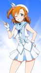  1girl fingerless_gloves gloves grin hand_on_hip kidachi kousaka_honoka looking_at_viewer love_live!_school_idol_project orange_hair short_hair skirt smile solo wink 