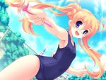  :d blue_eyes blush chime_milhawks dutch_angle game_cg long_hair open_mouth primary_~magical_trouble_scramble~ school_swimsuit smile solo swimsuit tsurugi_hagane twintails wand 