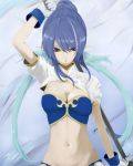  blue_hair breasts gloves highres judith long_hair midriff navel pointy_ears red_eyes saimon_(pixiv) solo tales_of_(series) tales_of_vesperia 