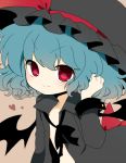  bad_id bat_wings blue_hair hand_in_hair haru_(kyou) hat heart open_clothes open_shirt red_eyes remilia_scarlet shirt short_hair smile solo touhou wings 