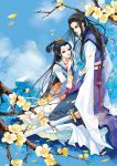  chinese_clothes chinese_clothing cloud clouds couple daisy_(artist) flower hair_ornament hanfu jewelry long_hair original petals sword weapon 