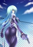  ass beretta_92 blue_hair bodysuit breasts brown_eyes cloud clouds dog_tags fence gun handgun large_breasts long_hair looking_back nanakorobi_yaoki original pistol shiny shiny_clothes sky solo weapon 