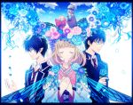  bangs blue_eyes blue_rose blunt_bangs closed_eyes eyes_closed flower glasses japanese_clothes kimono moriyama_shiemi necktie okumura_rin okumura_yukio pointy_ears rose striped striped_necktie yuuno_(yukioka) 