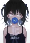  1girl artist_name black_hair blue_ribbon capriccio collarbone commentary_request covered_mouth flower flower_request grey_eyes hair_between_eyes hair_ribbon looking_at_viewer original ribbon short_hair simple_background solo two_side_up upper_body white_background 