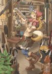  abacus animal_ears blonde_hair boots braid brown_eyes cat chain fantasy flail gloves goggles goggles_on_head highres kunai lamp mace original plant ponytail poster_(object) potted_plant shop sword tail wanted weapon weapon_shop wink wrench 