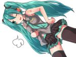  green_eyes green_hair hand_on_hip hatsune_miku hips long_hair mkcrf necktie open_mouth simple_background skirt solo thigh-highs thighhighs twintails very_long_hair vocaloid wink 
