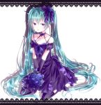  aqua_eyes aqua_hair bad_id bare_shoulders blue_rose bouquet dress earrings elbow_gloves flower gloves hat hatsune_miku jewelry long_hair mini_top_hat rose satou_(una-vittima) sitting solo thigh-highs thighhighs top_hat twintails very_long_hair vocaloid 