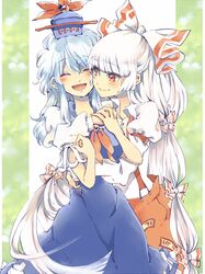  blue_hair blush bow closed_eyes dress eyes_closed fujiwara_no_mokou hair_bow hand_on_another's_chest happy hug kamishirasawa_keine long_hair multiple_girls shinoasa smile touhou white_hair 