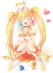  blonde_hair blush boots closed_eyes cure_sunshine eyes_closed fairy_tone hair_ribbon happy heart heartcatch_precure! long_hair magical_girl midriff myoudouin_itsuki oimo open_mouth potpourri_(heartcatch_precure!) precure ribbon sitting suite_precure twintails 