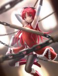  armpits blurry boots bow chain chains depth_of_field detached_sleeves grin hair_bow highres knee_boots long_hair magical_girl mahou_shoujo_madoka_magica pocky polearm red_eyes red_hair redhead sakura_kyouko siraha smile solo spear thigh-highs thighhighs weapon 