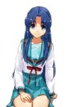  asakura_ryouko blue_eyes blue_hair gonoike_biwa long_hair school_uniform simple_background sitting smile solo suzumiya_haruhi_no_yuuutsu 