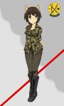  arms_behind_back bad_id black_hair black_legwear boots brown_eyes camouflage commentary commentary_request cross-laced_footwear ogitsune_(ankakecya-han) panties panties_under_pantyhose pantyhose sleeves_rolled_up strike_witches strike_witches_1991 tail underwear uniform 