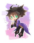  ahoge bad_id black_hair chibi coat green_eyes leaning male messy_hair open_mouth pants ponytail raven raven_(tov) smile solo tales_of_(series) tales_of_vesperia yoshida_nishi 