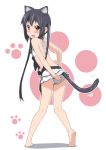  animal_ears ass barefoot bikini bikini_skirt black_hair blush brown_eyes cat_ears cat_tail errant front-tie_top k-on! kemonomimi_mode long_hair looking_at_viewer looking_back nakano_azusa paw_print simple_background skirt solo swimsuit tail twintails 