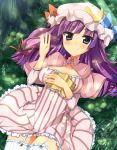  blush book bow breasts capelet crescent crescent_moon dress garter_belt garter_straps grass hair_bow hair_ornament hair_ribbon hat long_hair looking_at_viewer lying moon on_back patchouli_knowledge purple_hair ribbon smile solo teruteru-deru thigh-highs thighhighs touhou waving zettai_ryouiki 