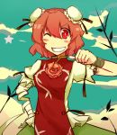  &gt;;d ;d bad_id bandage bandages bun_cover china_dress chinese_clothes double_bun face flower grin hands ibara_kasen ibaraki_kasen open_mouth pink_rose red_eyes red_hair redhead rose short_hair sky smile solo standing tabard tera touhou wink wrist_cuffs 