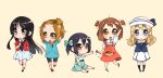  bad_id bare_legs bike_shorts black_eyes black_hair bow breast_suppress brown_eyes brown_hair dress flower hair_bobbles hair_bow hair_ornament hand_on_own_chest hat high_ponytail highres hime_cut hirasawa_yui k-on! kneehighs kotobuki_tsumugi long_hair nakano_azusa sailor_hat school_uniform serafuku short_hair short_twintails sunameri_oishii twintails young 