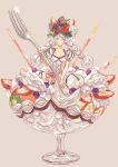  bow braid dress food food_as_clothes food_on_head food_themed_clothes fork fruit highres ice_cream kiwi kiwifruit long_hair original parfait personification pocky solo strawberry strawberry_pocky tanukiudon-umai twin_braids white_eyes white_hair 