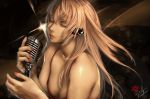  bare_shoulders breasts cleavage closed_eyes eyes_closed face headhpones headphones highres kazakami_yuu lips long_hair megurine_luka microphone microphone_stand nail_polish pink_hair simuka solo vocaloid 