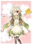  ;d apron ara_ta bad_id blush bow braid frills hair_bow hair_ribbon izayoi_sakuya maid maid_headdress open_mouth original pancake pantyhose ribbon smile solo touhou wink 