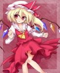  :o ascot bad_id blonde_hair blush bow dress fang flandre_scarlet huna open_mouth red_eyes short_hair solo touhou wings 