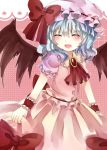  bad_id bat_wings blue_hair bow brooch closed_eyes dress eyes_closed fang frills hat highres jaku_sono jewelry open_mouth remilia_scarlet short_hair skirt_hold smile solo touhou wings wrist_cuffs 