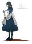  alice:_madness_returns alice_(wonderland) alice_in_wonderland american_mcgee&#039;s_alice american_mcgee's_alice black_hair blood brown_hair dress grin highres knife kozaki_yuusuke long_hair simple_background smile solo striped striped_legwear striped_thighhighs thighhighs vorpal_blade 