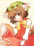  animal_ears blush brown_eyes brown_hair cat_ears cat_tail chen dress ear_piercing hat multiple_tails piercing red_dress solo tail takamoto_akisa touhou 
