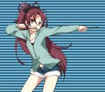  akr_et bow casual dual_wielding hair_bow jacket long_hair looking_at_viewer mahou_shoujo_madoka_magica navel open_mouth outstretched_arm pocky red_eyes red_hair sakura_kyouko short_shorts shorts smile solo striped striped_background 