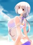  1girl :o alternate_hairstyle beach bikini bow breasts clouds from_behind hair_bow horizon large_breasts looking_back lyrical_nanoha mahou_shoujo_lyrical_nanoha mahou_shoujo_lyrical_nanoha_a&#039;s mikaze ocean red_eyes reinforce see-through silver_hair sky solo swimsuit swimsuit_under_clothes twintails 