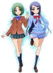  akimoto_komachi alternate_costume blazer blue_eyes blue_hair bow bowtie cosplay futari_wa_precure green_eyes green_hair haga_yui leg_lift long_hair minazuki_karen multiple_girls precure school_uniform standing standing_on_one_leg striped striped_bowtie suite_precure touching yes!_precure_5 