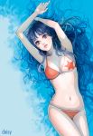  arms_up bangs bikini black_hair blue_eyes breasts cleavage daisy_(artist) floating_hair highres lips long_hair mole navel on_back original solo star submerged swimsuit water 