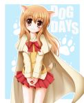  blush brown_eyes brown_hair cape dog_days dog_ears dog_tail flipper long_hair ricotta_elmar skirt smile solo tail 