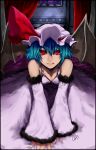  :q all_fours bare_shoulders bat_wings bed blue_hair border bra breasts cleavage detached_sleeves face fang highres john_marica licking_lips lingerie lips looking_at_viewer naughty_face red_eyes remilia_scarlet short_hair signature slit_pupils solo tongue touhou underwear wings 