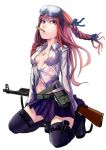 assault_rifle bad_id belt boots braid breasts bullet cleavage dress_shirt female goggles gun hair_ribbon highres jewelry kneeling kotobuki_ryou long_hair midriff mouth_hold navel necklace open_shirt original purple_eyes red_eyes red_hair redhead rifle shirt signature simple_background sitting skirt solo thigh-highs thighhighs twin_braids unbuttoned violet_eyes weapon 